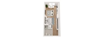 a bedroom with a bed a mirror and a sink