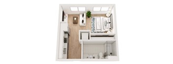 a bedroom with a bed a mirror a sink and a toilet