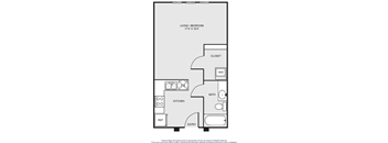 A floor plan of a small apartment with a living room, kitchen, bathroom, and closet.
