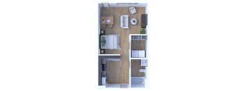 A top down view of a small apartment with a kitchen, living room, and bedroom.