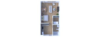 A top down view of a small apartment with a bed, a couch, a table, and a kitchenette.