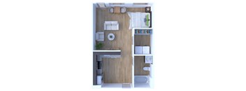 A top down view of a small apartment with a kitchen, living room, and bathroom.