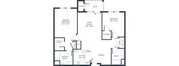 A black and white floor plan of a house with a master bedroom, a living room, a kitchen, a dining room, a bath, and a deck.