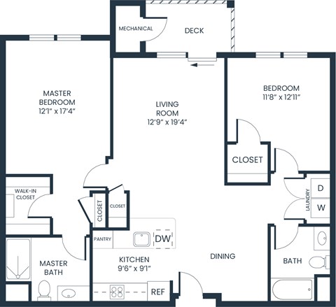 A black and white floor plan of a house with a master bedroom, a living room, a kitchen, a dining room, a bath, and a deck.