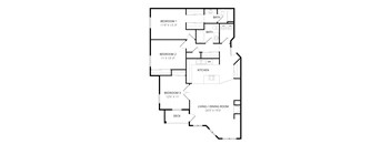 A black and white image of a floor plan for a home with three bedrooms, a kitchen, a living/dining room, and a deck.
