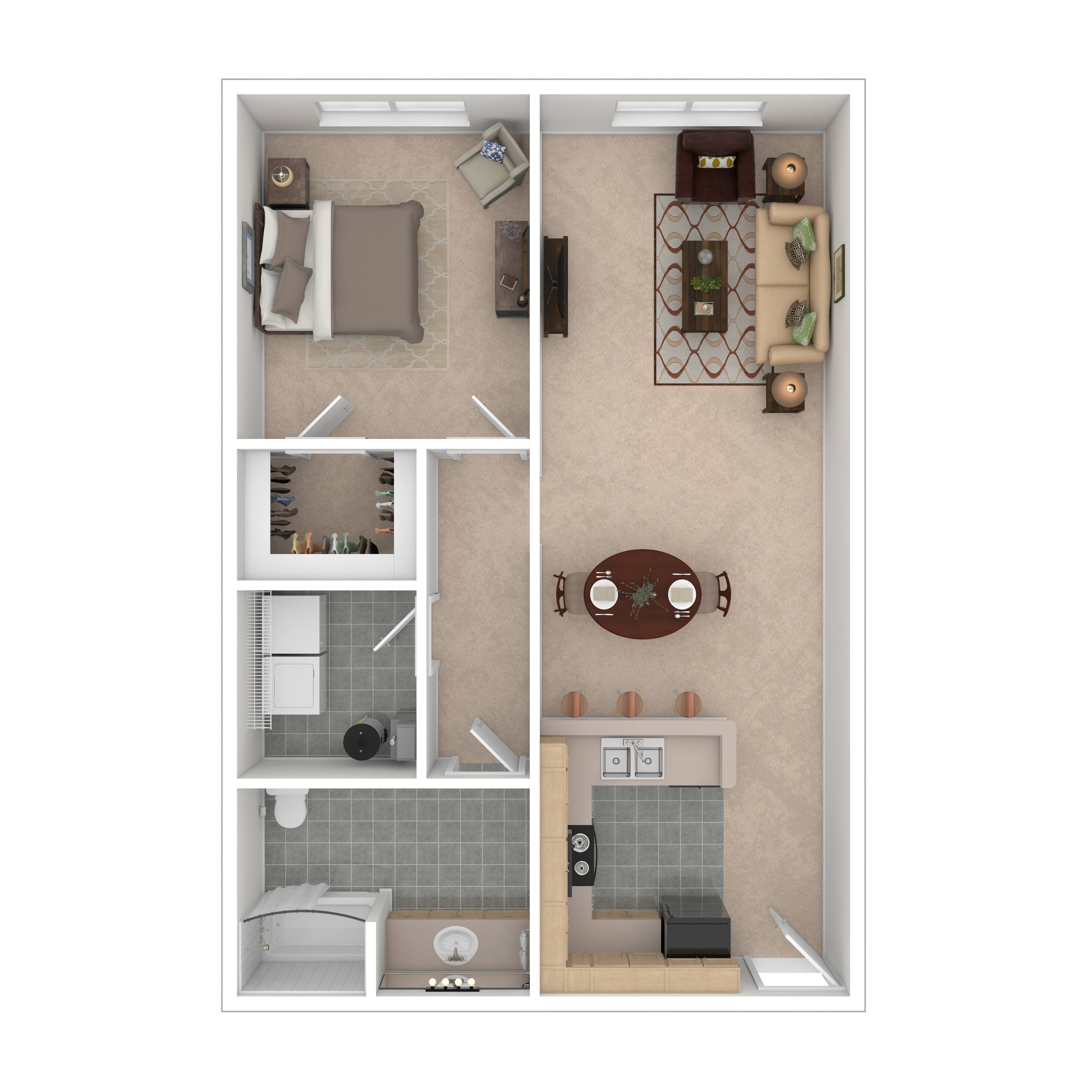 A top down view of a small apartment with a kitchen, living room, and bathroom.