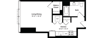a floor plan of a house with a bedroom and a living room and a kitchen