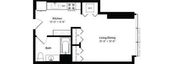 the floor plan of a studio apartment with a bedroom and a living room