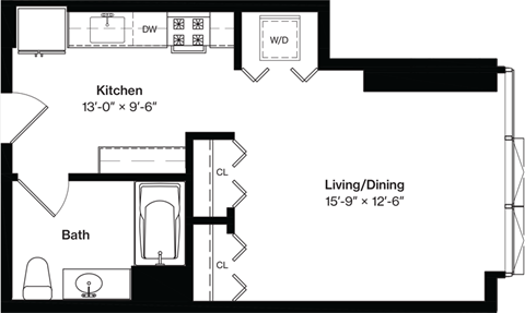the floor plan of a studio apartment with a bedroom and a living room