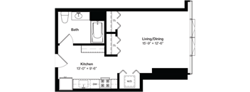 a floor plan of a small house with a bedroom and a bathroom