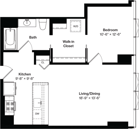 a floor plan of a house with a kitchen and a living room