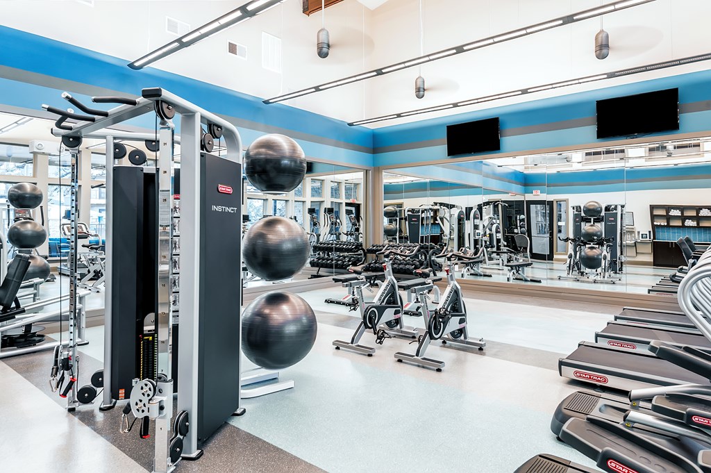 a gym with cardio equipment and weights on the floor