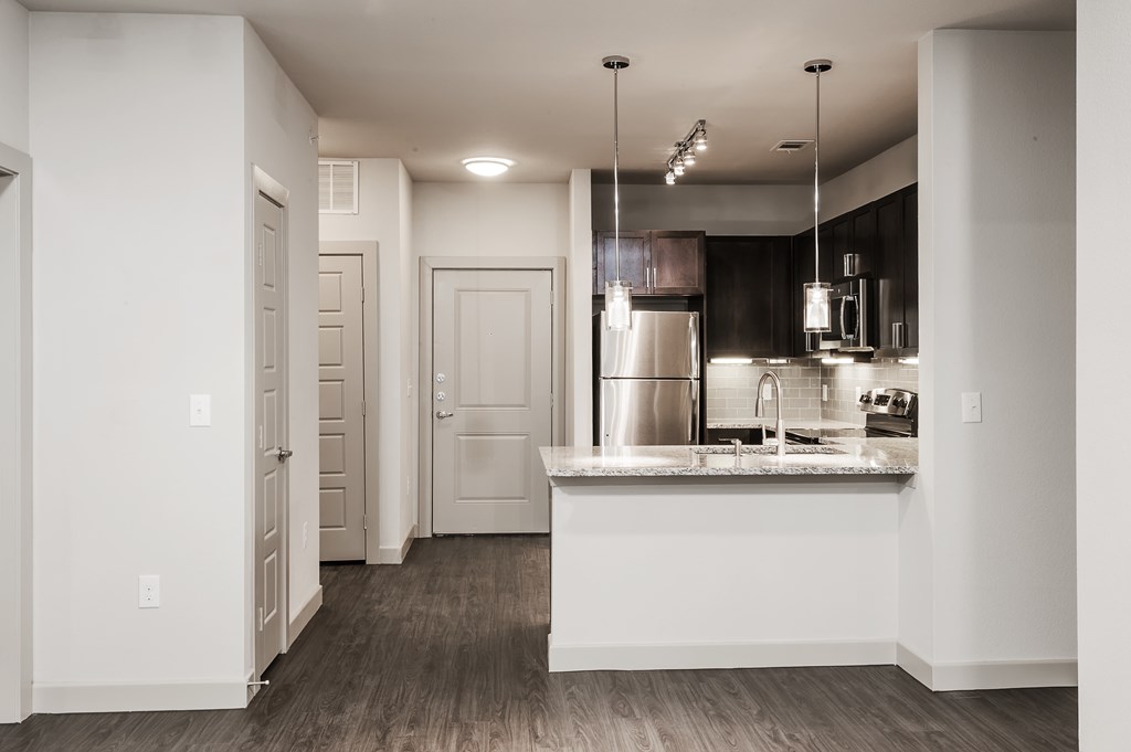a view of a kitchen and a living room in an apartment