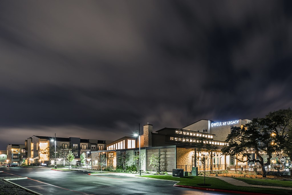 a night view of the front of a building at night