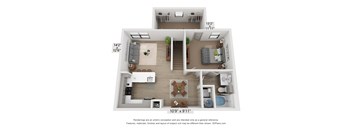 a stylized floor plan with a bedroom and a living room
