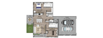 2x2 957 sqft floor plan of a house with a garage, two bedrooms, a kitchen, a laundry room, a patio, a turf area, and a porch.