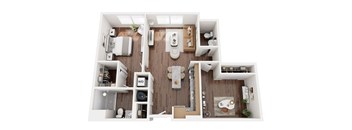 A top-down view of a small apartment with a kitchen, living room, and bathroom.