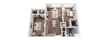 A top-down view of a small apartment with a kitchen, living room, and bathroom.