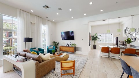 a living room with a couch and a table