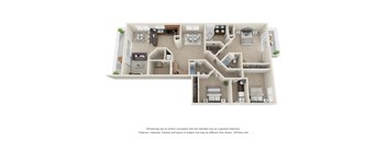 A 3D floor plan of a house with a kitchen, living room, and bedrooms.