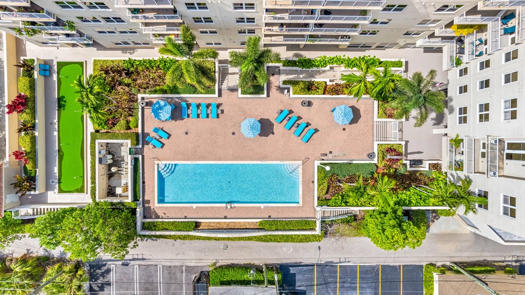 An aerial view of a pool surrounded by palm trees and a building.