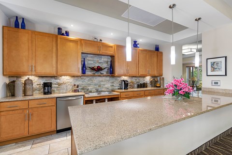 A kitchen with wooden cabinets and a granite countertop.