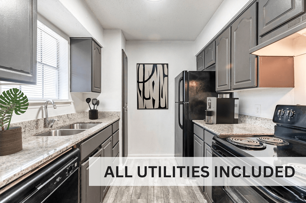 all utilities included in a kitchen with white walls and black appliances