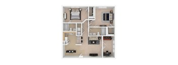 A top-down view of a small apartment with a kitchen, living room, and bathroom.