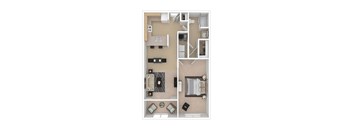 A floor plan of a small apartment with a kitchen, living room, and bathroom.