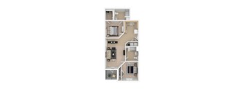 A floor plan of a house with a kitchen, living room, dining room, and bathroom.