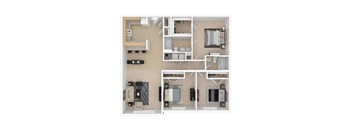 A 3D floor plan of a small apartment with a kitchen, living room, and two bedrooms.