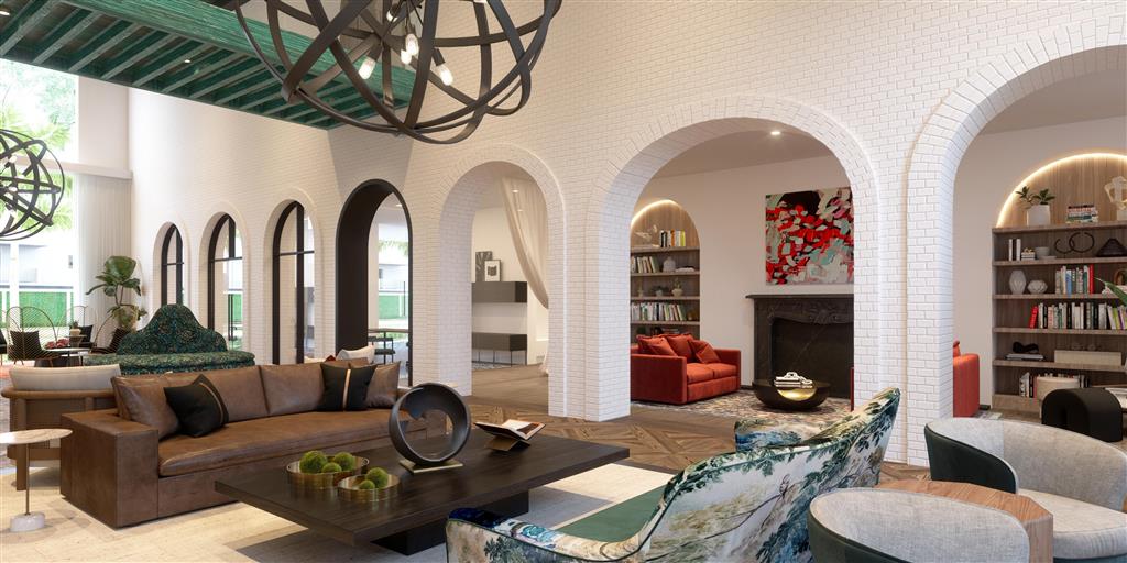 a living room with couches and chairs and a fireplace