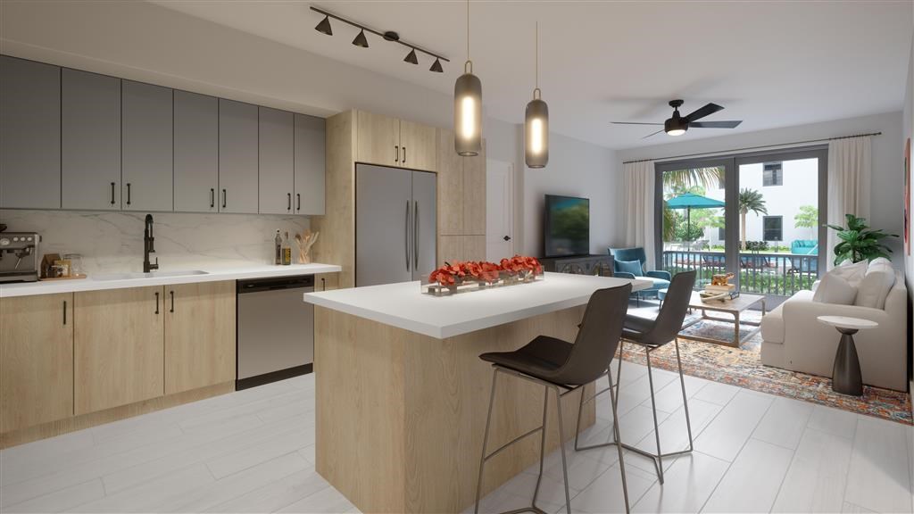 a kitchen and living room with a table and chairs