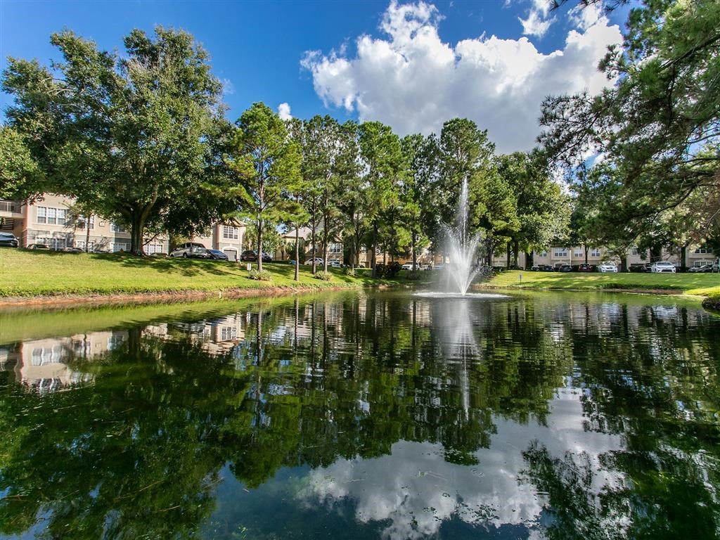 a fountain is in the middle of a pond