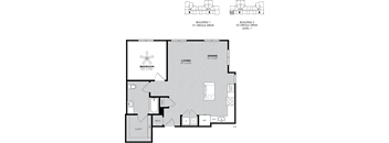 A floor plan of a two-story building with a bedroom, living room, dining area, kitchen, and bathroom.
