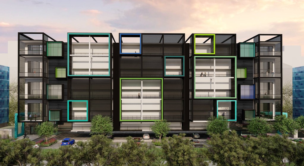 a rendering of a building with black facade and green windows