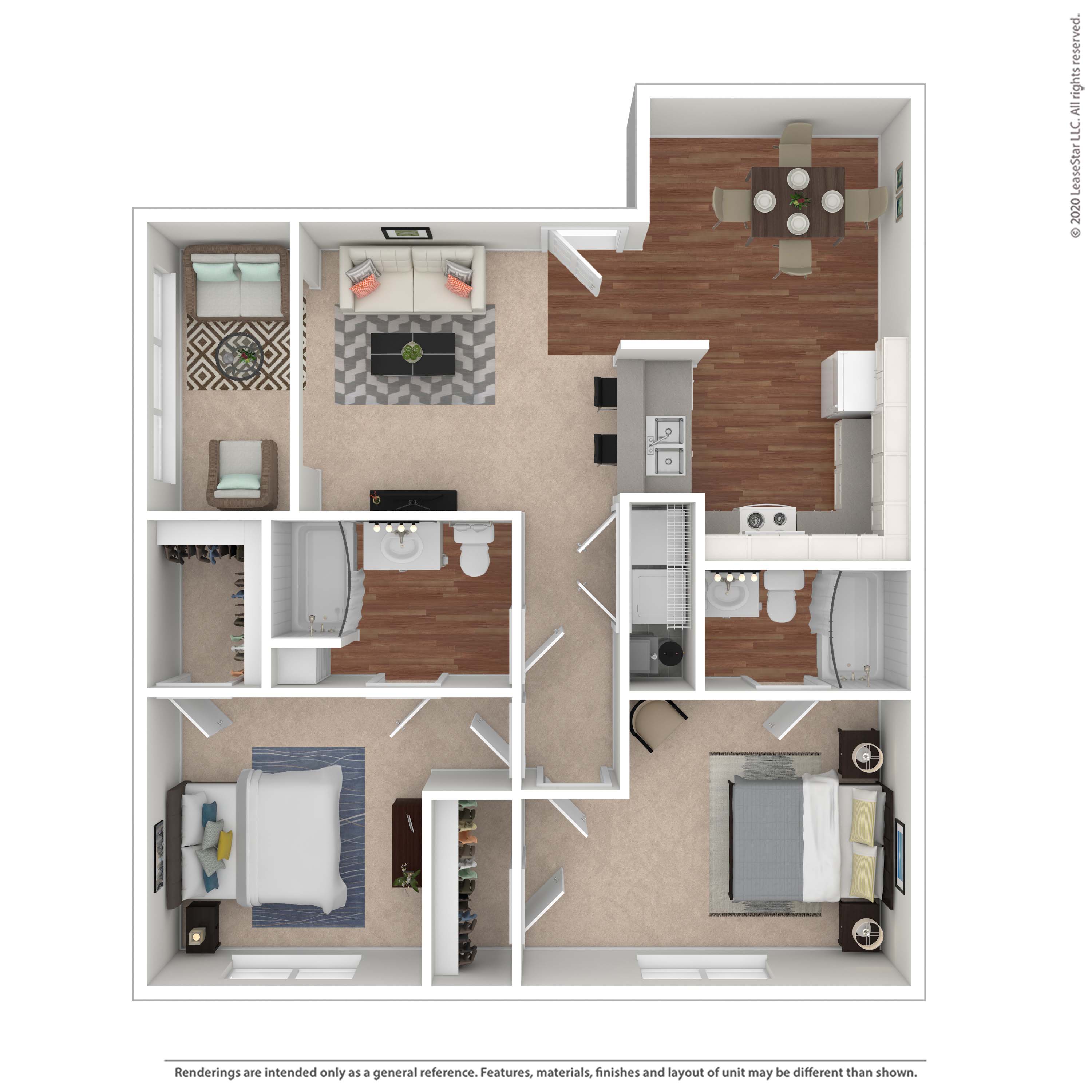 A floor plan of a small apartment with a kitchen, living room, and two bedrooms.