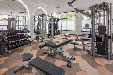A gym with a variety of equipment including weights and machines.