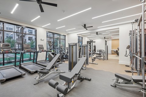 A spacious gym with treadmills, weight benches, and other equipment.