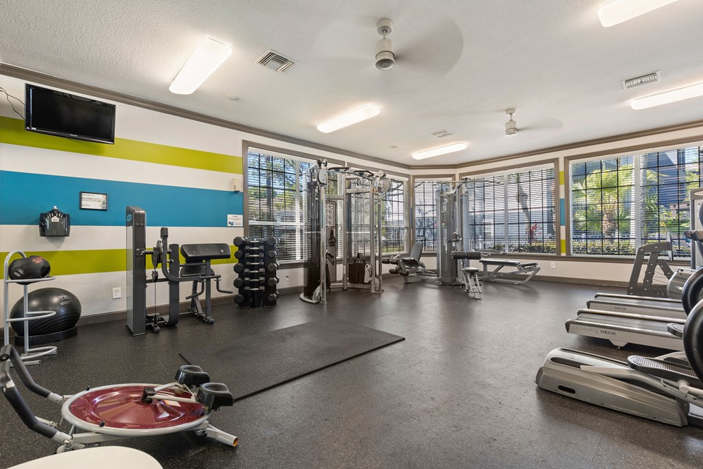a workout room with weights and other exercise equipment at the enclave at woodbridge apartments in sugar