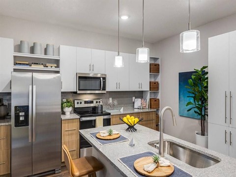 a kitchen with stainless steel appliances and a counter top