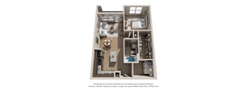 A 3D floor plan of a house with a kitchen, living room, and bedrooms.