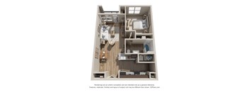A 3D floor plan of a small apartment with a kitchen, living room, and bedroom.