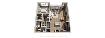 A 3D floor plan of a small apartment with a kitchen, living room, and bedrooms.