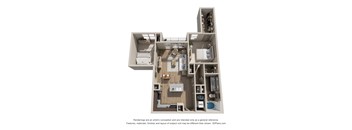 A 3D floor plan of a house with a kitchen, living room, and two bedrooms.