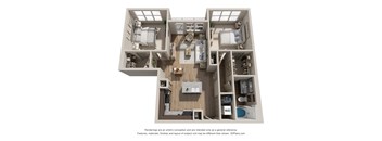 A 3D floor plan of a house with a kitchen, living room, and two bedrooms.