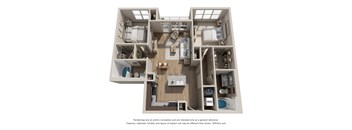 A 3D floor plan of a small apartment with a kitchen, living room, and bedrooms.