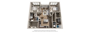 A 3D floor plan of a small apartment with a kitchen, living room, and bathroom.