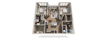 A 3D floor plan of a house with a kitchen, living room, and two bedrooms.
