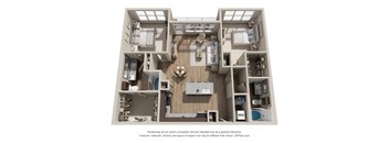 A 3D floor plan of a house with a kitchen, living room, and bathrooms.